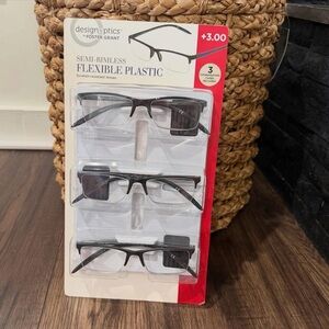 Design optics Black Semi-Rimless Glasses 3 pack +3.00 brand new